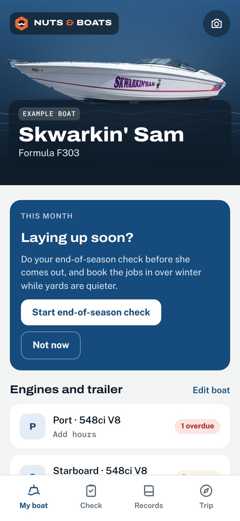 Home screen with an example boat