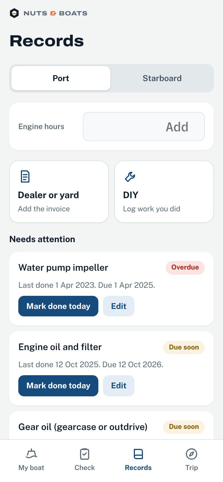 Service records for the port engine, showing which jobs are overdue or due soon